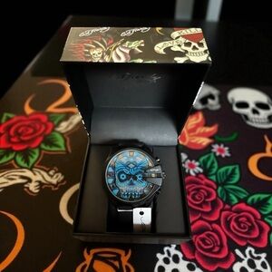 Ed Hardy Vibrant Black and Blue Candy Skull Mens Watch